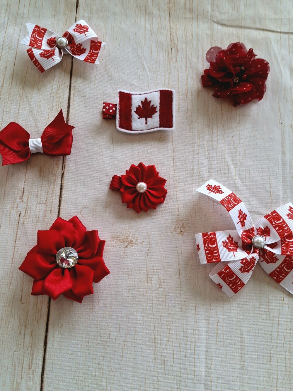 Canada Day Hair Clips Bundle Flowers Bows Red And White NEW Handmade
